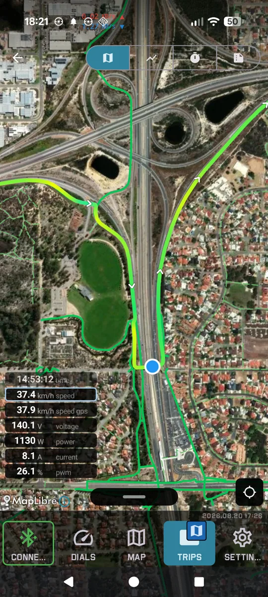 Ride replayed on a satellite map with a coloured route