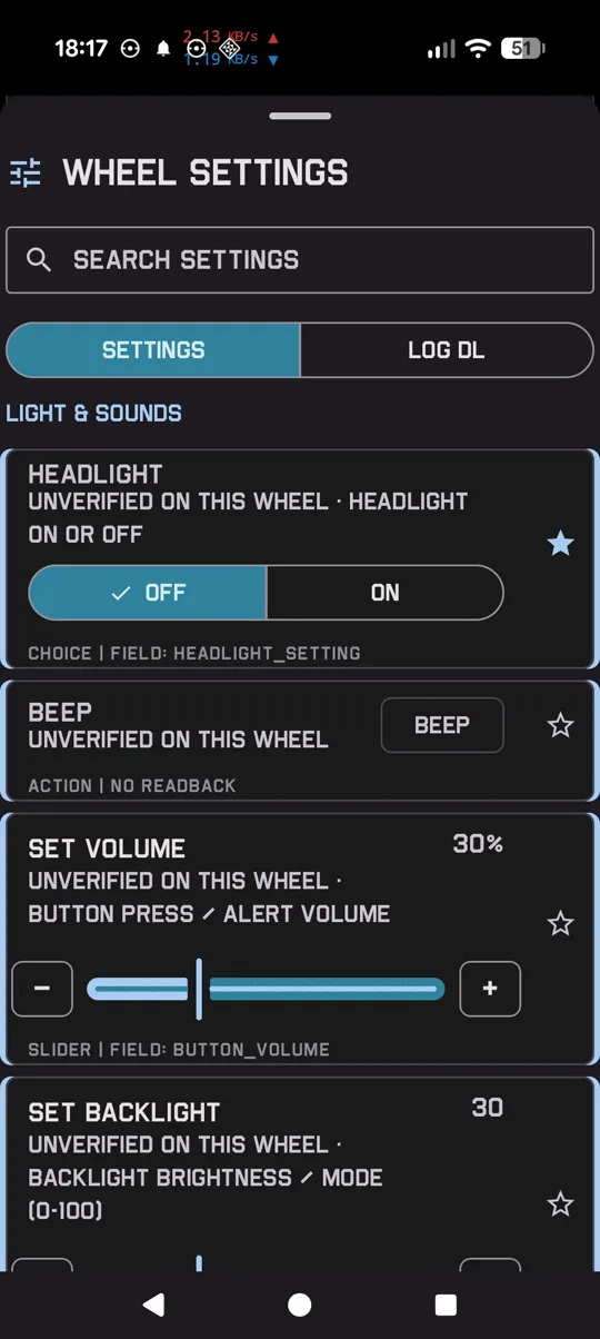 Wheel settings for lights, beep and volume
